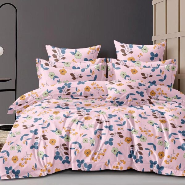 Floral Print Pink Colour Glace Cotton 160TC Queen Size Double Bedsheet with 2 Pillow Covers