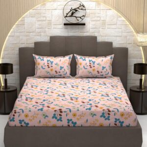 Floral Print Pink Colour Glace Cotton 160TC Queen Size Double Bedsheet with 2 Pillow Covers