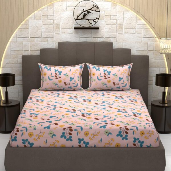 Floral Print Pink Colour Glace Cotton 160TC Queen Size Double Bedsheet with 2 Pillow Covers - Image 2