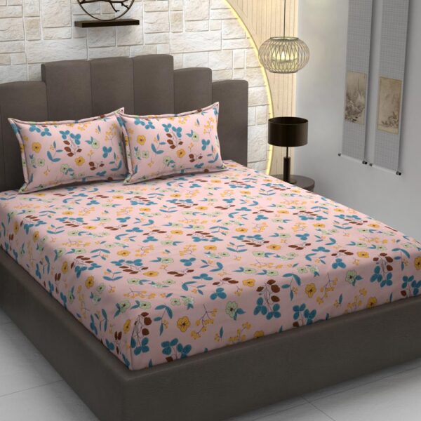 Floral Print Pink Colour Glace Cotton 160TC Queen Size Double Bedsheet with 2 Pillow Covers - Image 3