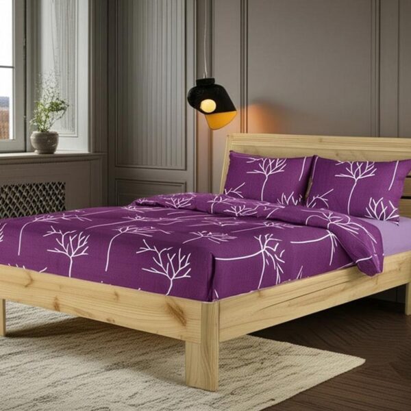 Floral Print Purple Colour Glace Cotton 160TC Queen Size Double Bedsheet with 2 Pillow Covers - Image 3