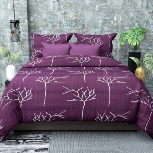 Floral Print Purple Colour Glace Cotton 160TC Queen Size Double Bedsheet with 2 Pillow Covers
