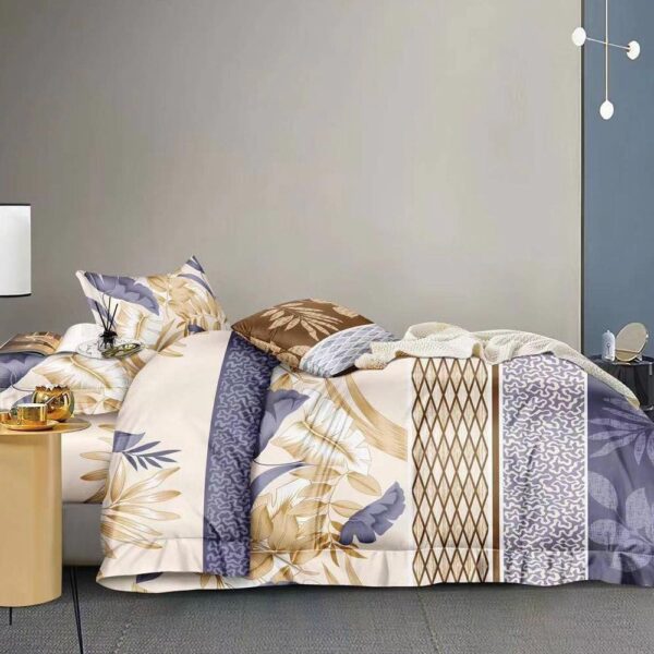 Floral Print Light Purple Yellow Colour Glace Cotton 160TC Queen Size Double Bedsheet with 2 Pillow Covers - Image 3