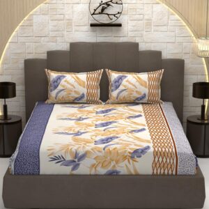 Floral Print Light Purple Yellow Colour Glace Cotton 160TC Queen Size Double Bedsheet with 2 Pillow Covers