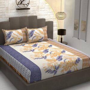 Floral Print Light Purple Yellow Colour Glace Cotton 160TC Queen Size Double Bedsheet with 2 Pillow Covers