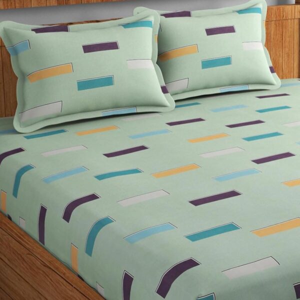 Stripe Print Green Colour Glace Cotton 160TC Queen Size Double Bedsheet with 2 Pillow Covers - Image 3