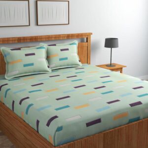 Stripe Print Green Colour Glace Cotton 160TC Queen Size Double Bedsheet with 2 Pillow Covers